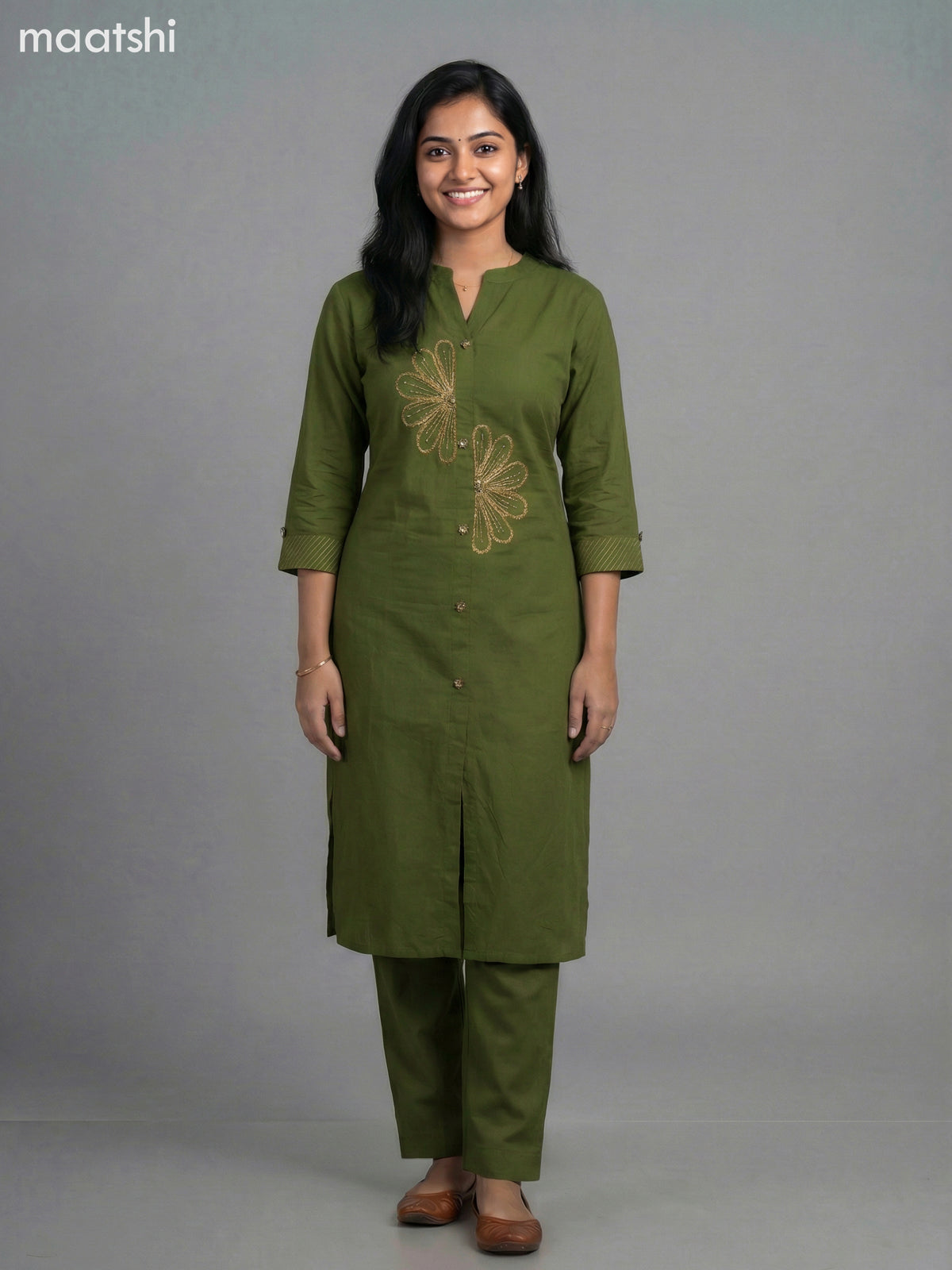 Green Cotton Embroidery Work Kurti Set Straight Cut Pant