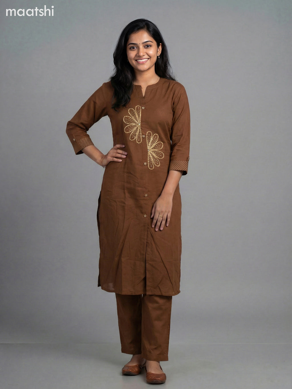Brown Cotton Embroidery Work Kurti Set Straight Cut Pant