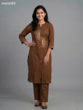 Brown Cotton Embroidery Work Kurti Set Straight Cut Pant