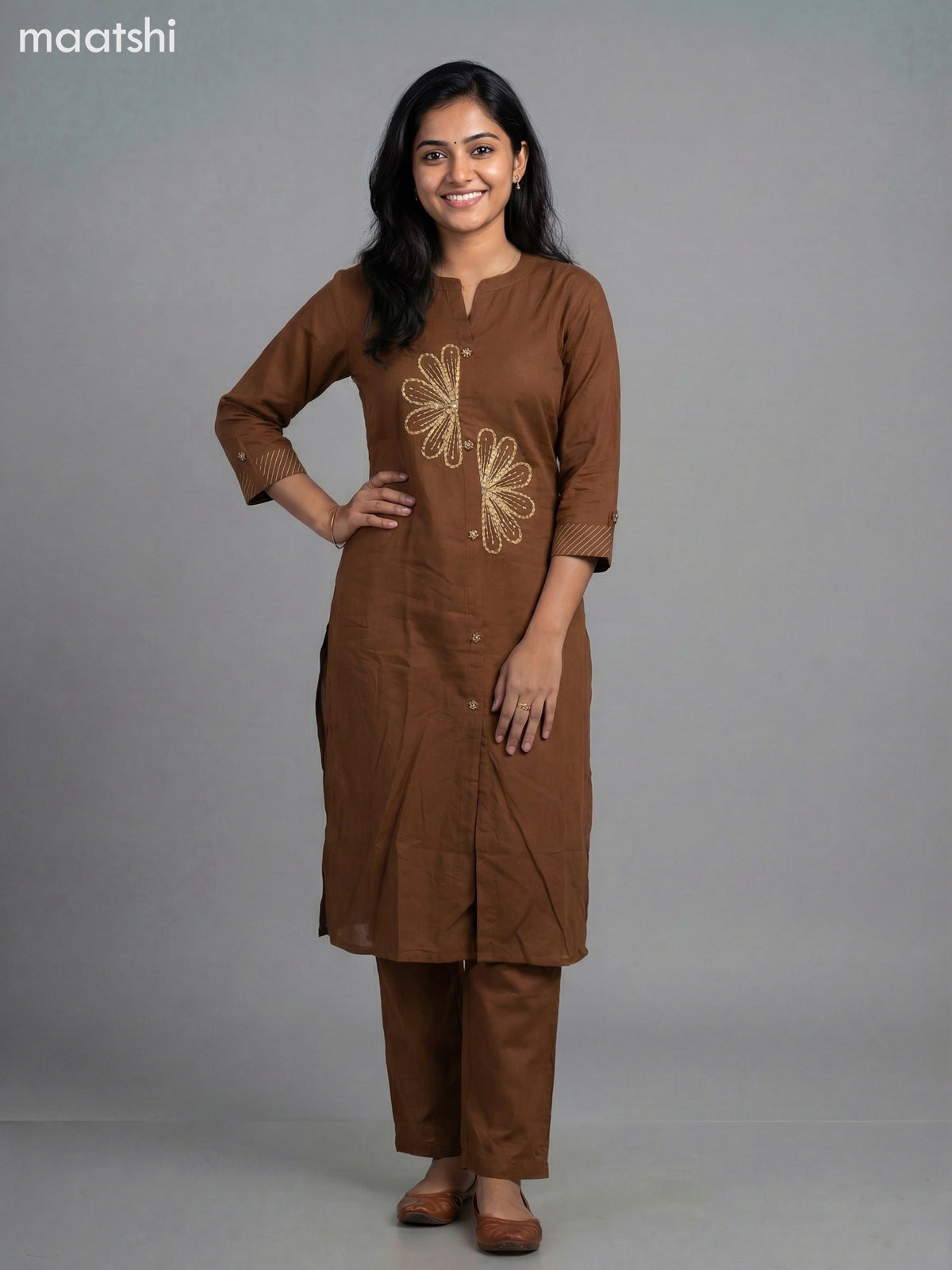 Brown Cotton Embroidery Work Kurti Set Straight Cut Pant