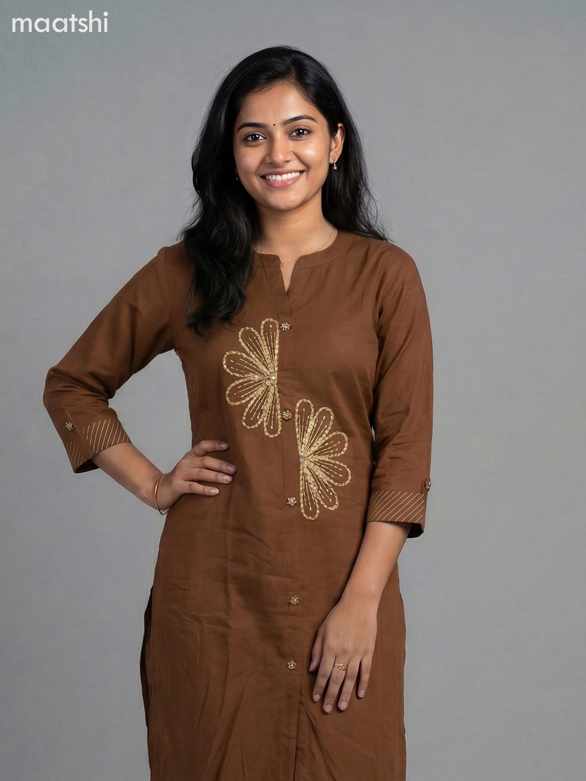 Brown Cotton Embroidery Work Kurti Set Straight Cut Pant