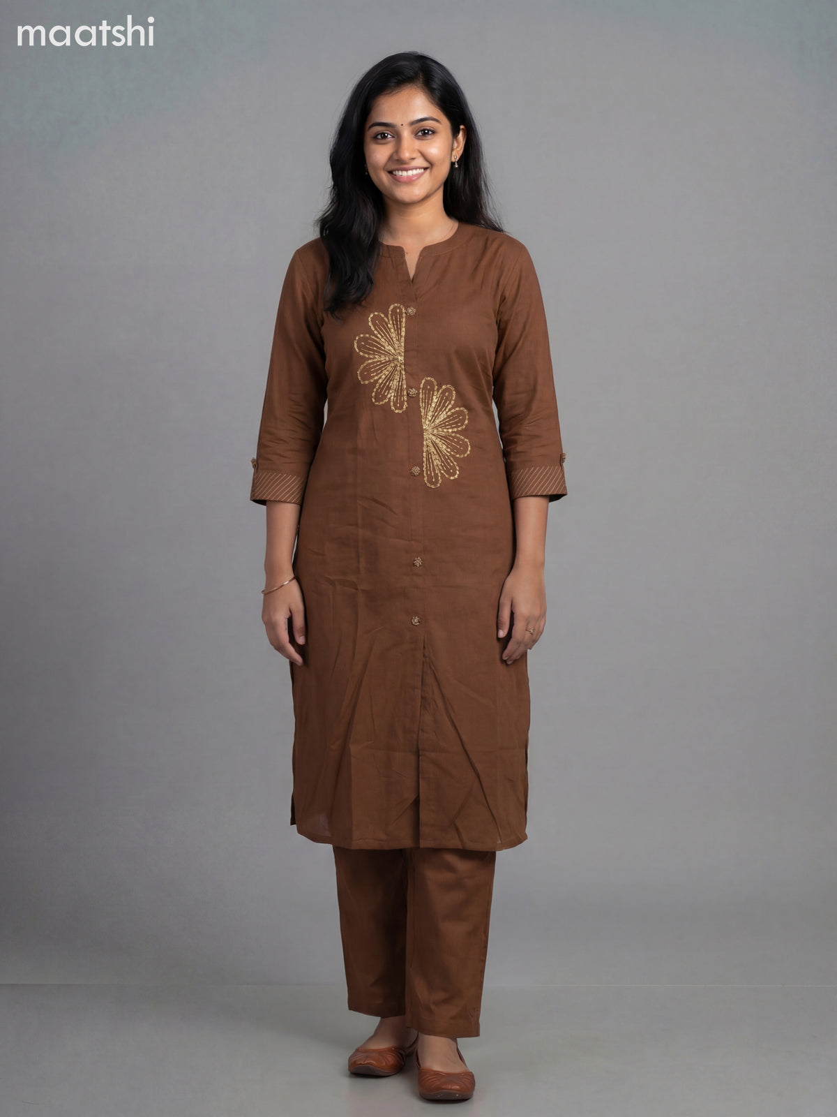 Brown Cotton Embroidery Work Kurti Set Straight Cut Pant