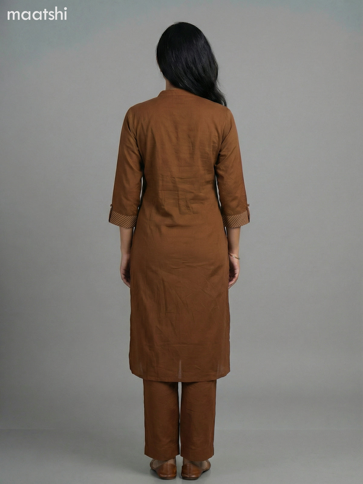 Brown Cotton Embroidery Work Kurti Set Straight Cut Pant