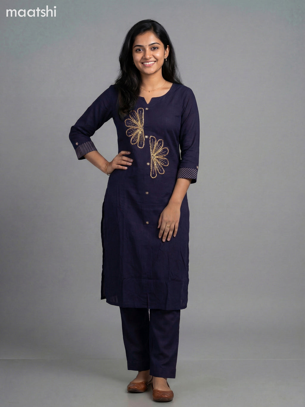 Navy Blue Cotton Embroidery Work Kurti Set Straight Cut Pant