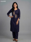 Navy Blue Cotton Embroidery Work Kurti Set Straight Cut Pant