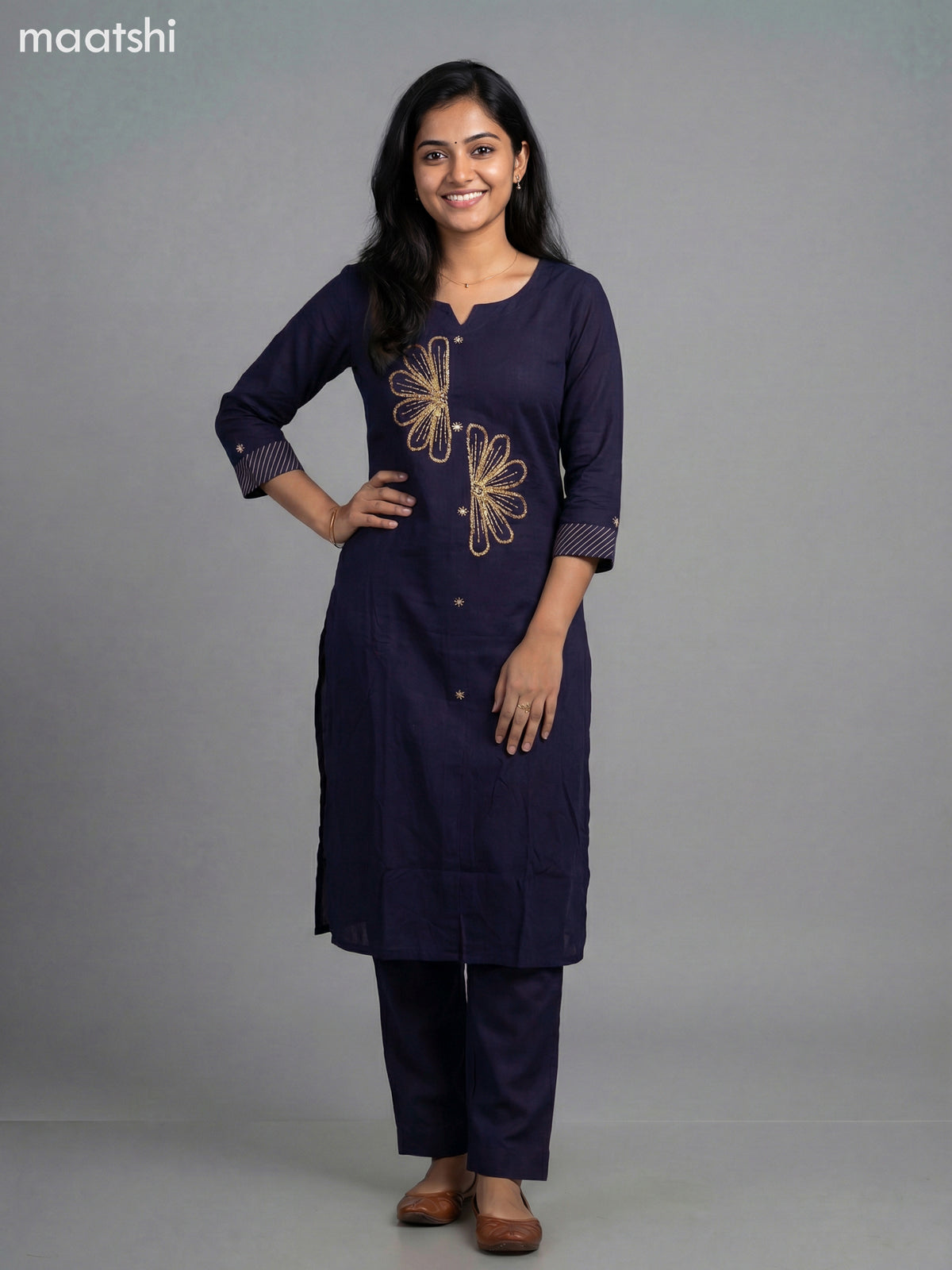 Navy Blue Cotton Embroidery Work Kurti Set Straight Cut Pant