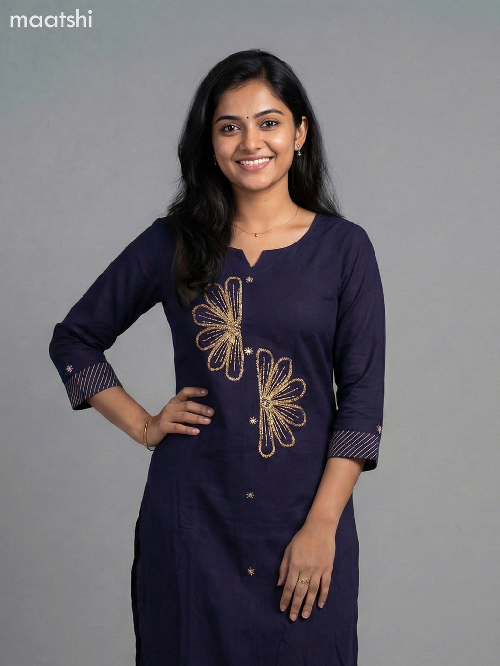 Navy Blue Cotton Embroidery Work Kurti Set Straight Cut Pant