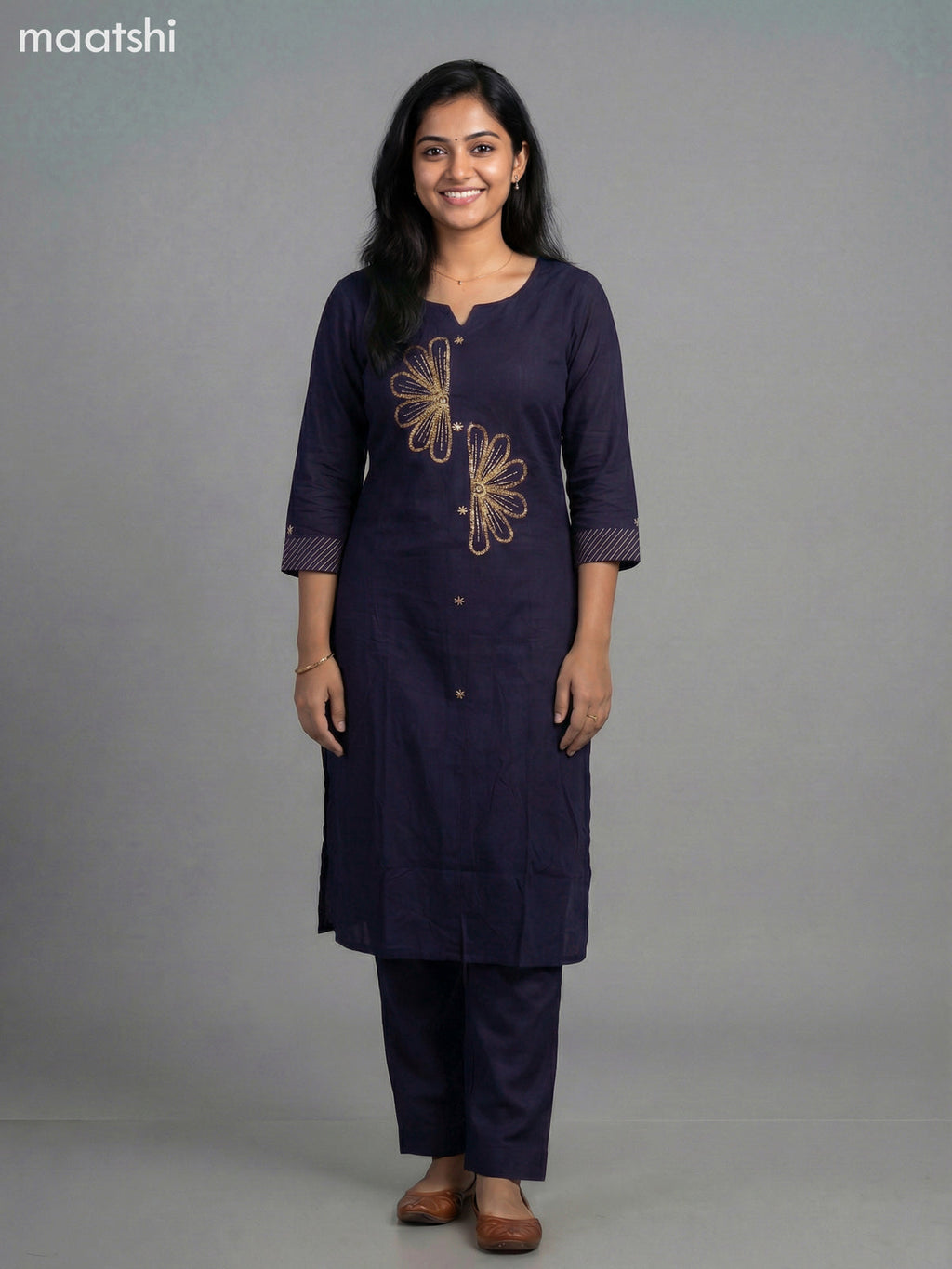 Navy Blue Cotton Embroidery Work Kurti Set Straight Cut Pant
