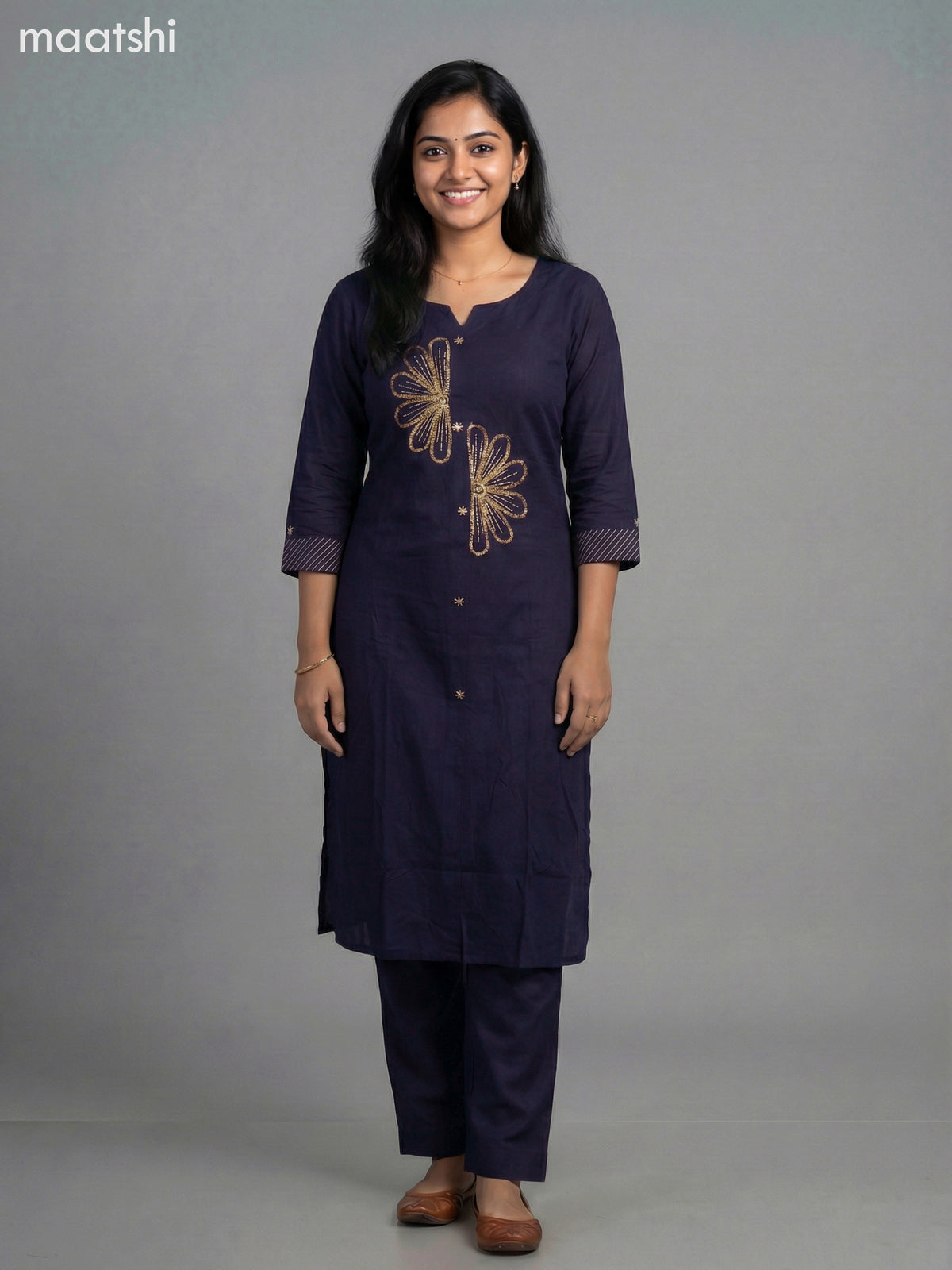 Navy Blue Cotton Embroidery Work Kurti Set Straight Cut Pant