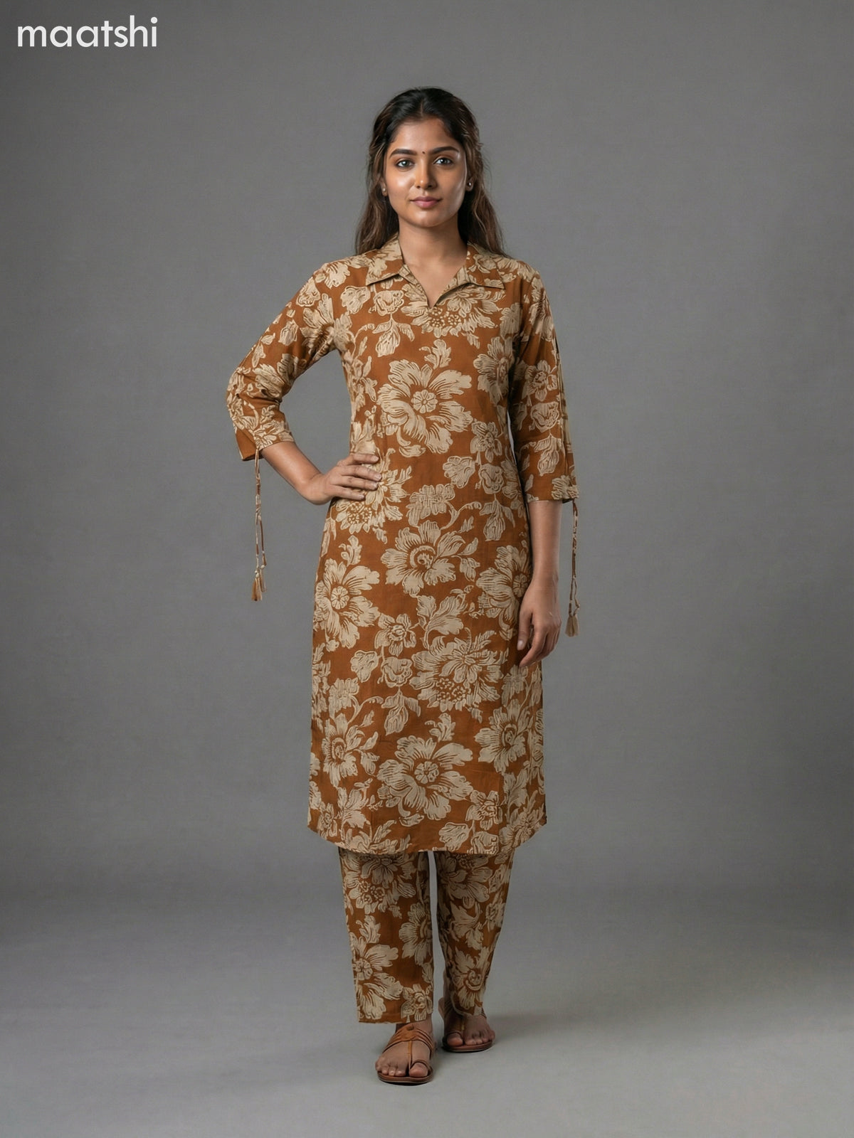 Dark Mustard and Beige Cotton Floral Printed Co-Ord Set Palazzo Pant