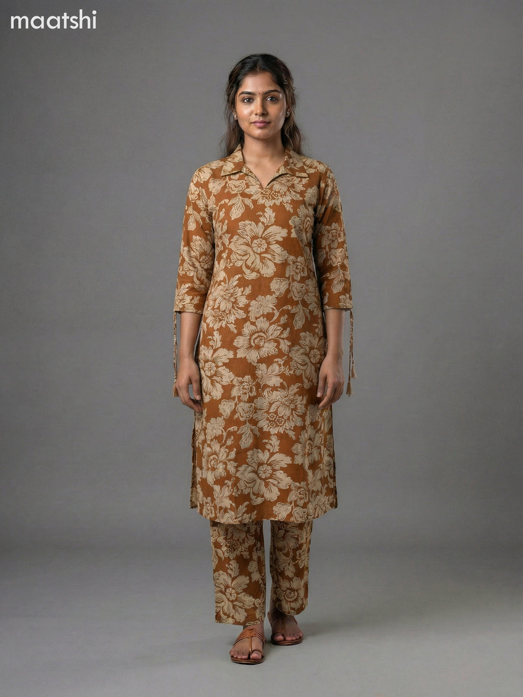 Dark Mustard and Beige Cotton Floral Printed Co-Ord Set Palazzo Pant