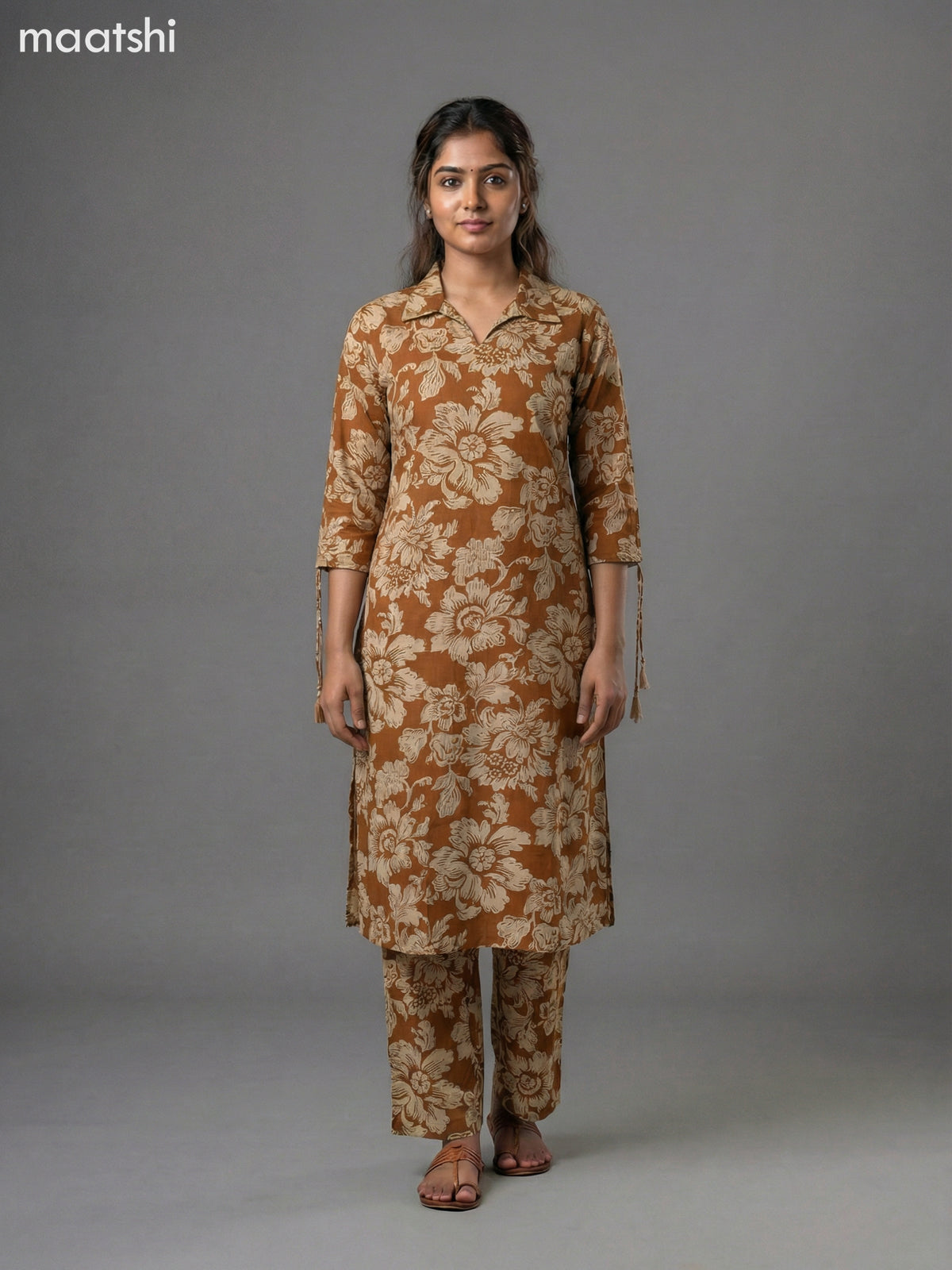 Dark Mustard and Beige Cotton Floral Printed Co-Ord Set Palazzo Pant