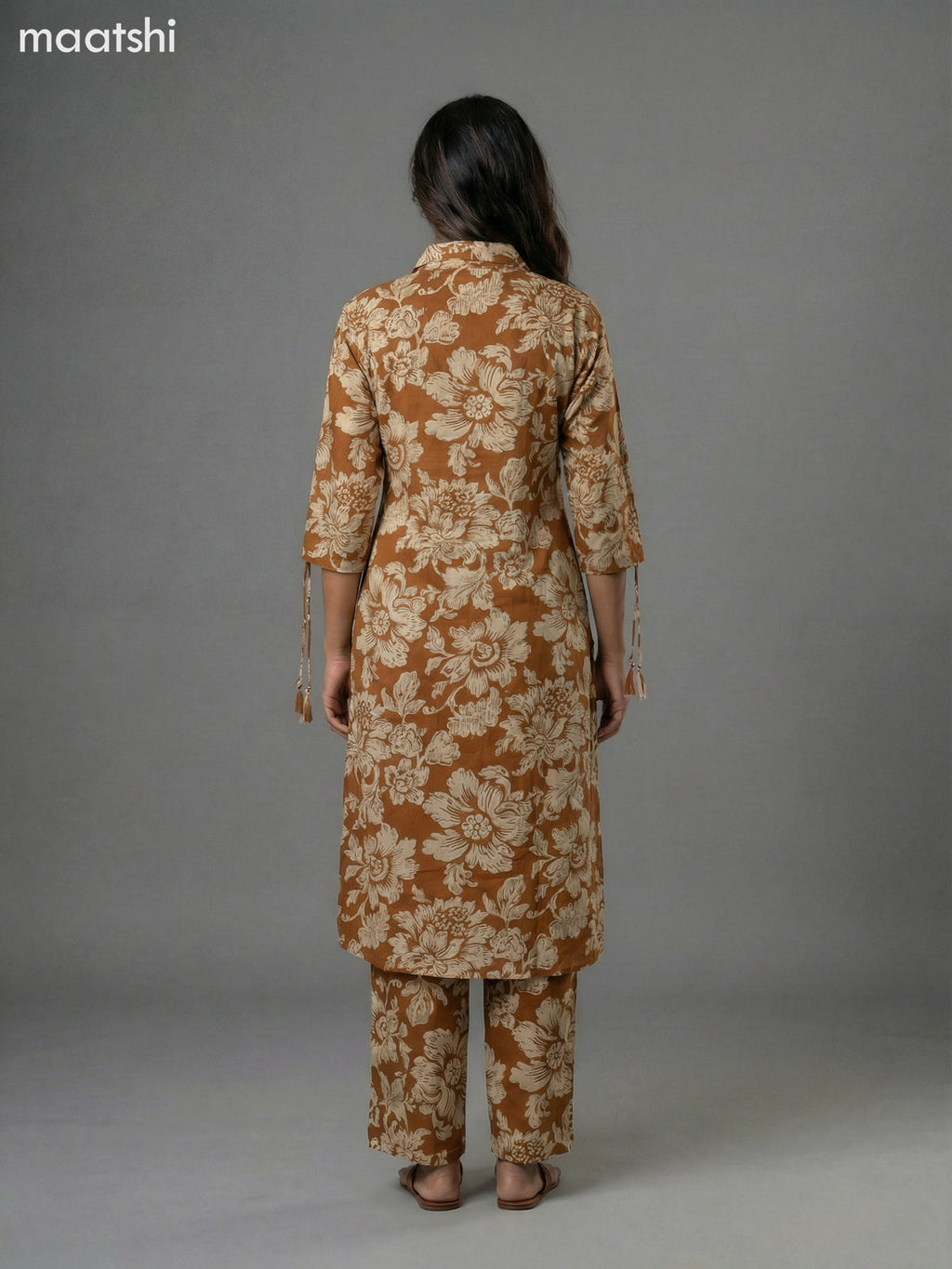 Dark Mustard and Beige Cotton Floral Printed Co-Ord Set Palazzo Pant