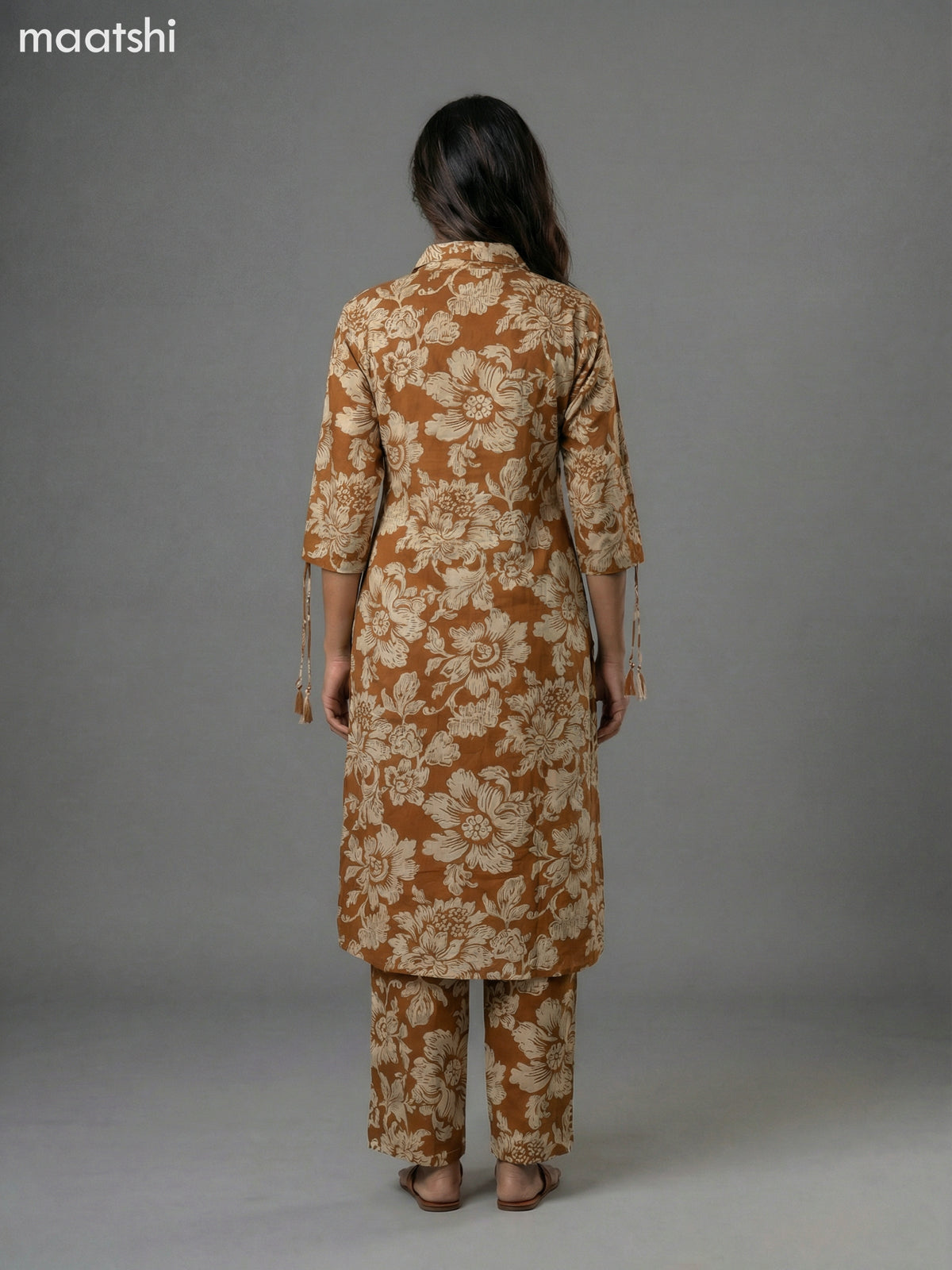 Dark Mustard and Beige Cotton Floral Printed Co-Ord Set Palazzo Pant