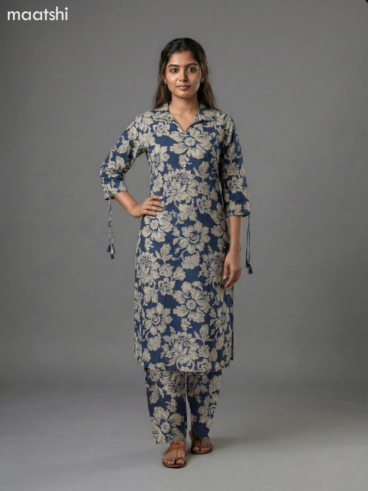 Blue and Beige Cotton Floral Printed Co-Ord Set Palazzo Pant