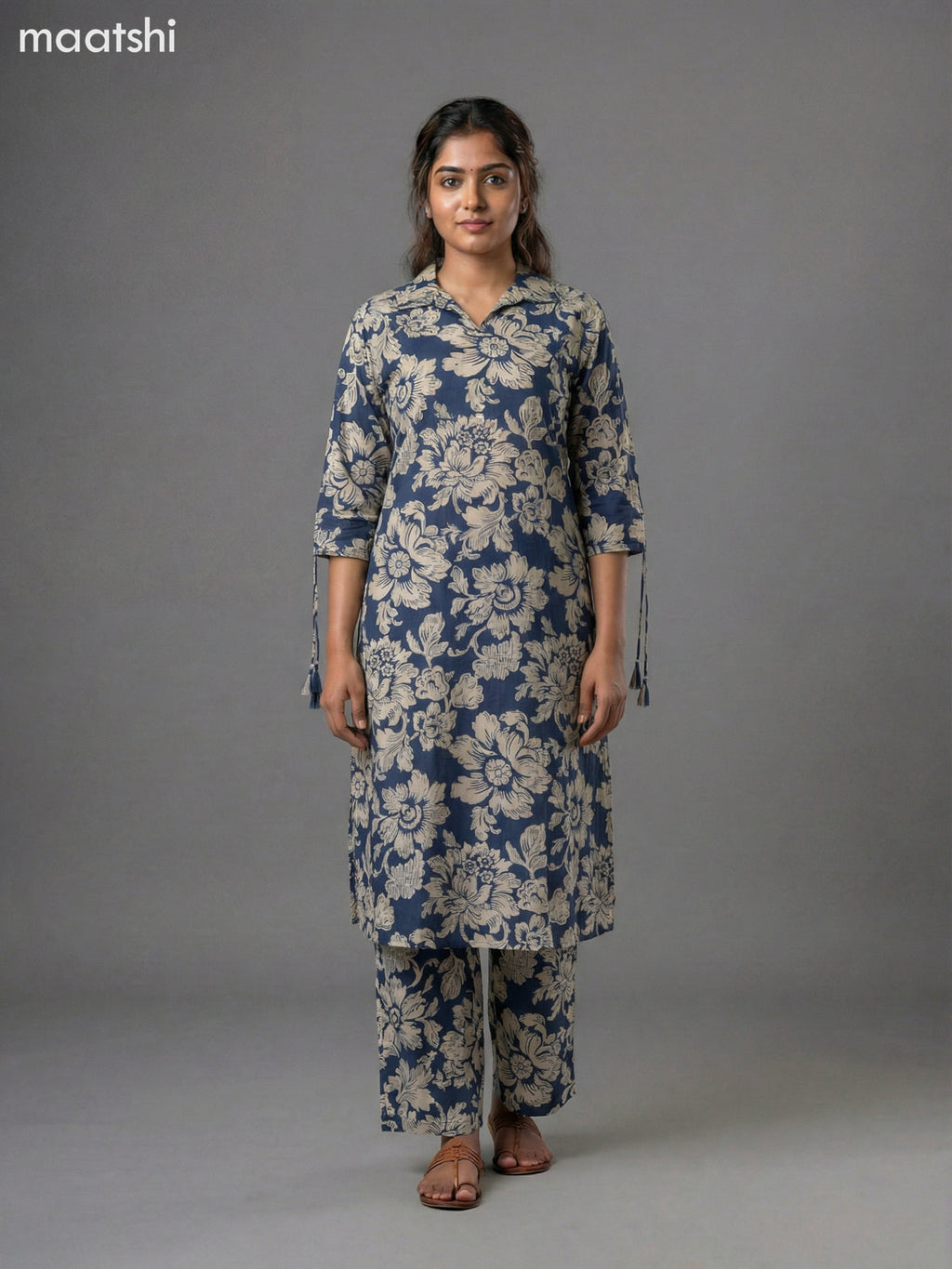 Blue and Beige Cotton Floral Printed Co-Ord Set Palazzo Pant
