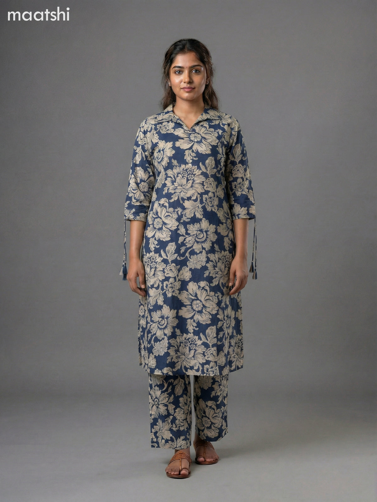 Blue and Beige Cotton Floral Printed Co-Ord Set Palazzo Pant