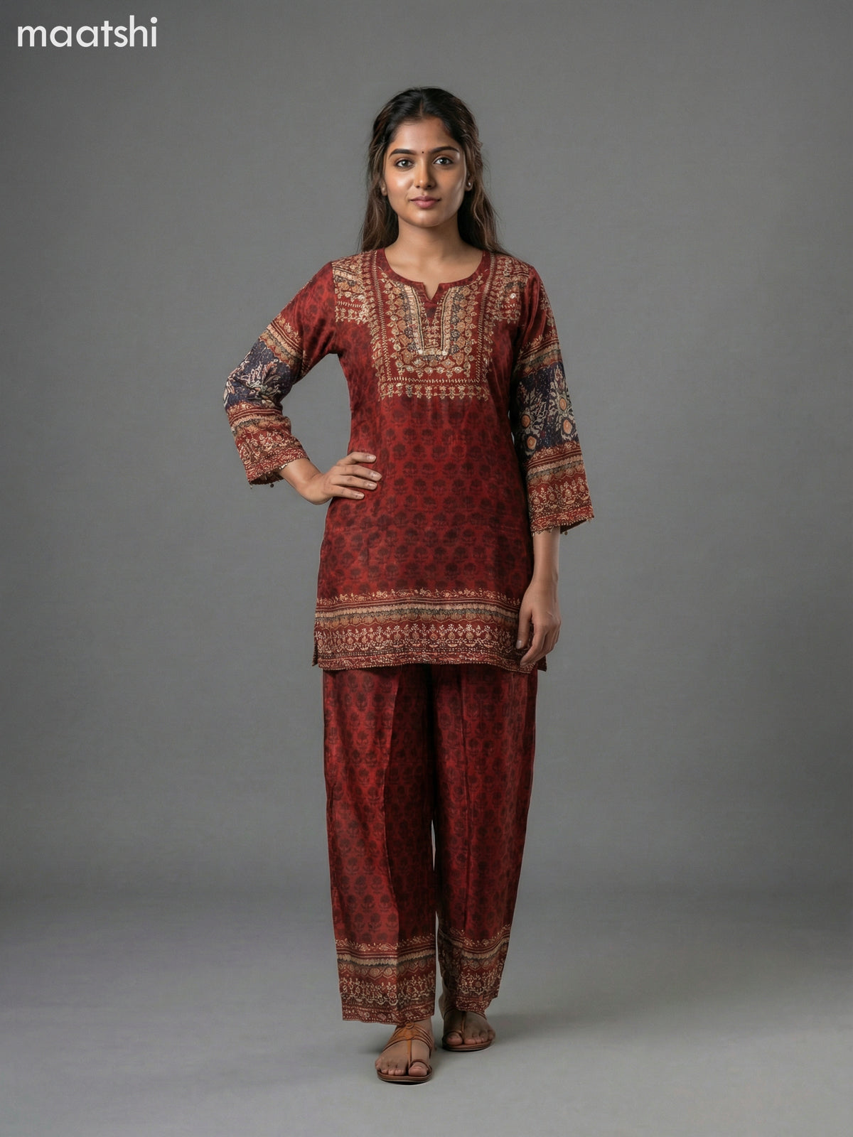 Maroon Crepe Silk Printed Short Co-Ord Set