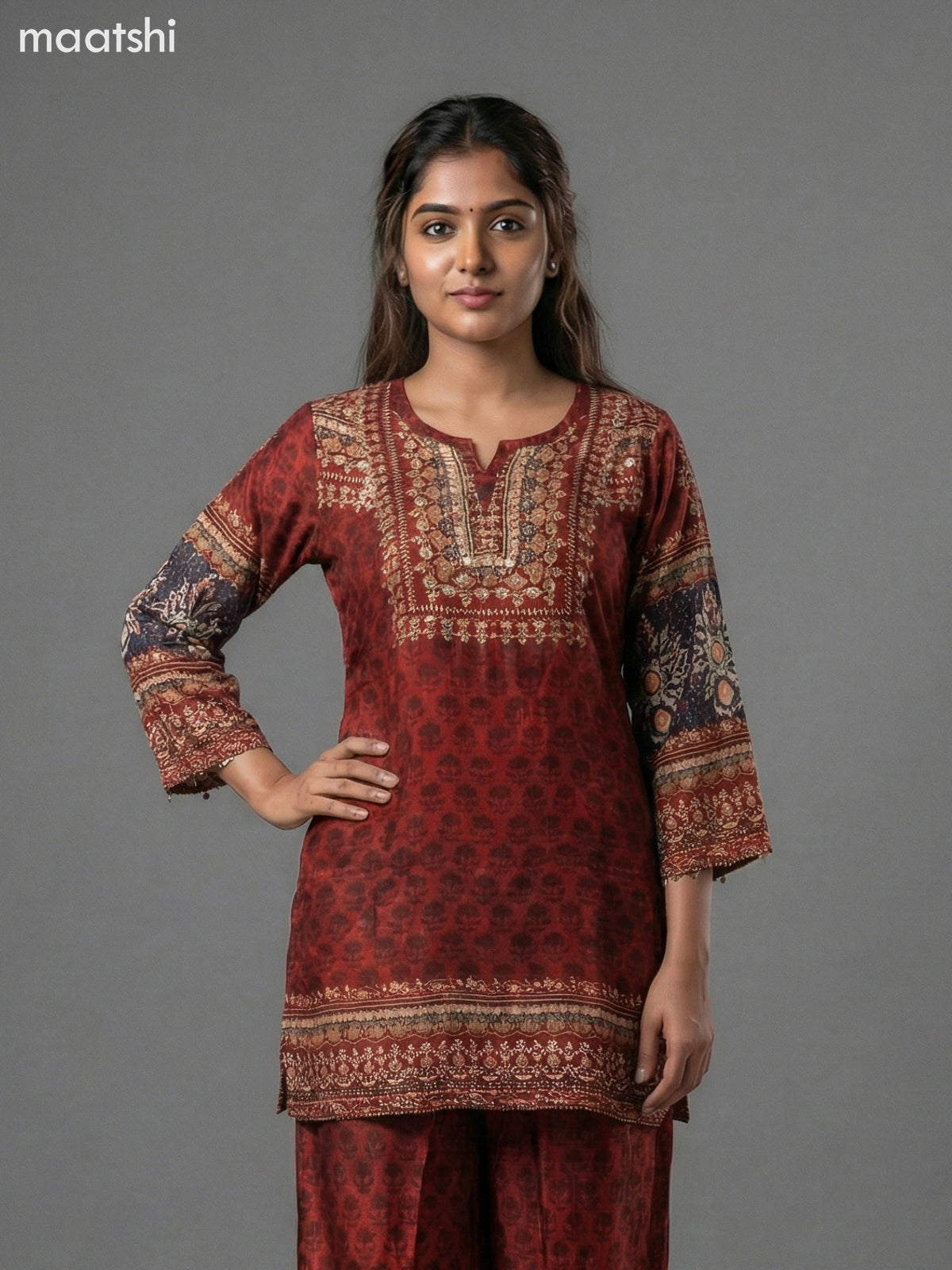 Maroon Crepe Silk Printed Short Co-Ord Set