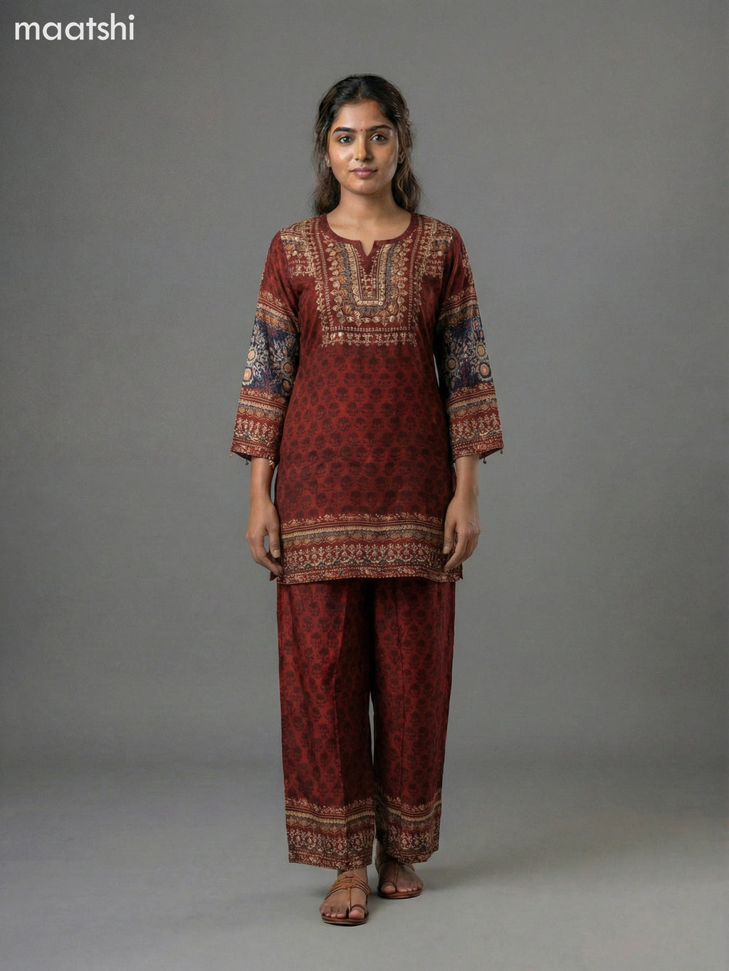 Maroon Crepe Silk Printed Short Co-Ord Set