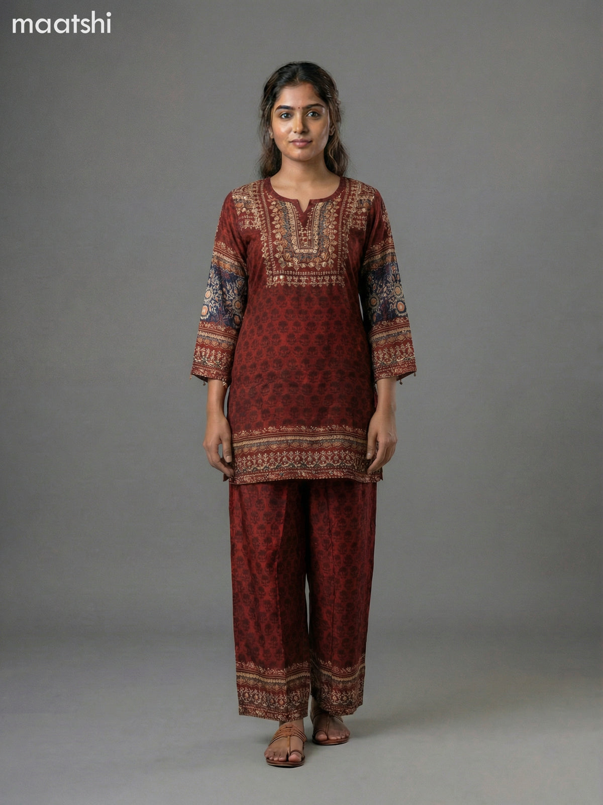 Maroon Crepe Silk Printed Short Co-Ord Set