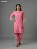 Peach Pink Cotton Hakoba Work Kurti Set Straight Cut Pant