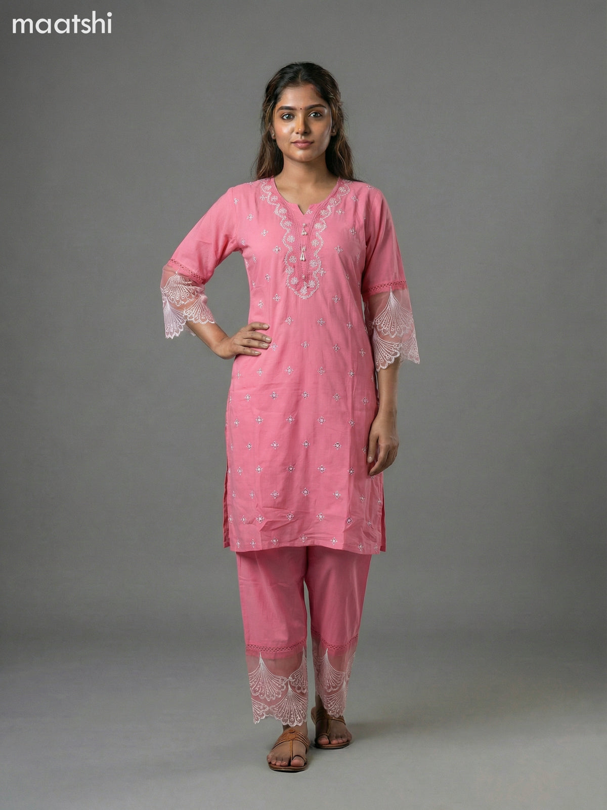 Peach Pink Cotton Hakoba Work Kurti Set Straight Cut Pant