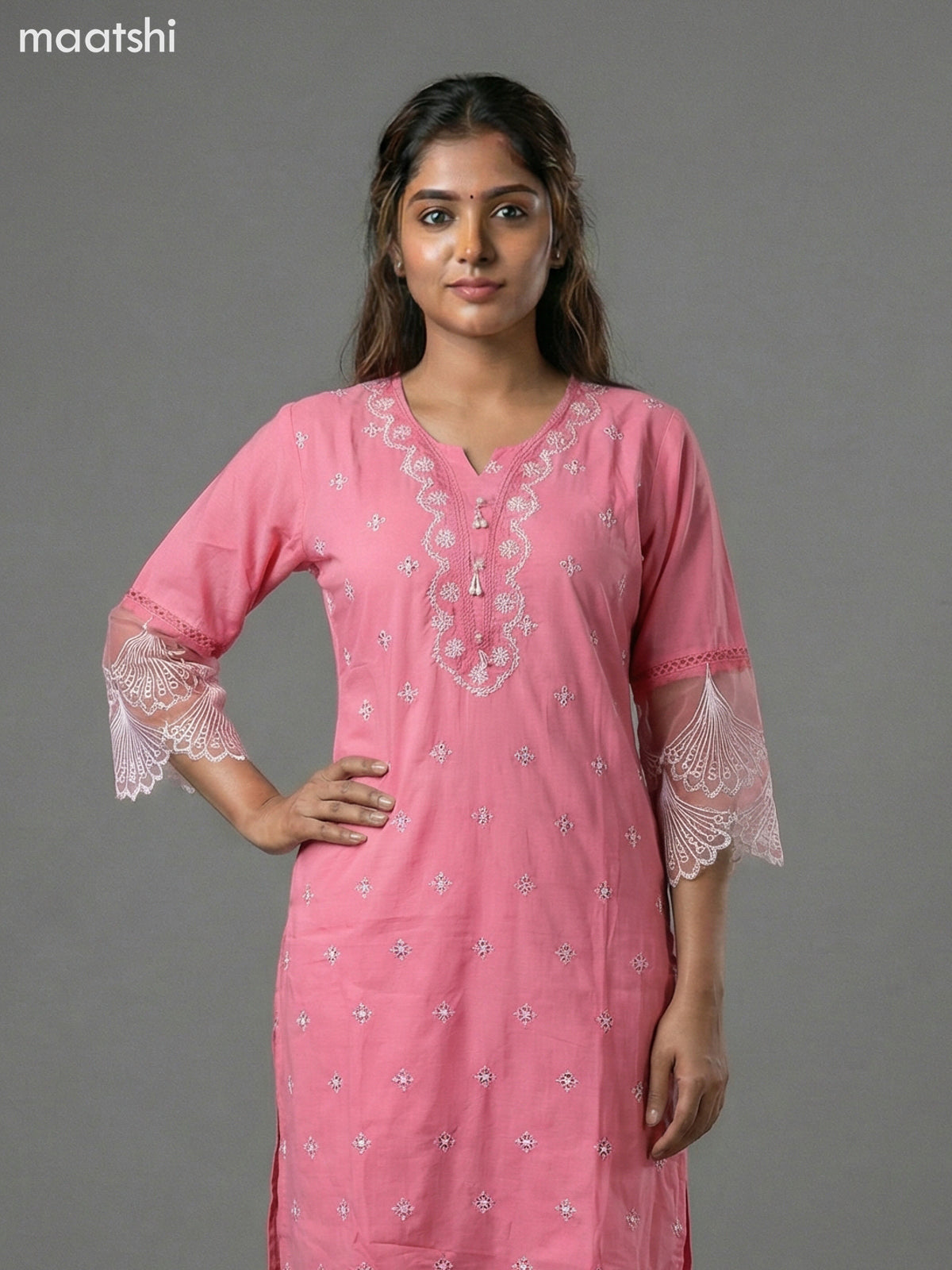 Peach Pink Cotton Hakoba Work Kurti Set Straight Cut Pant