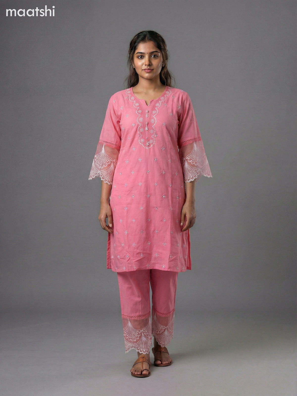Peach Pink Cotton Hakoba Work Kurti Set Straight Cut Pant