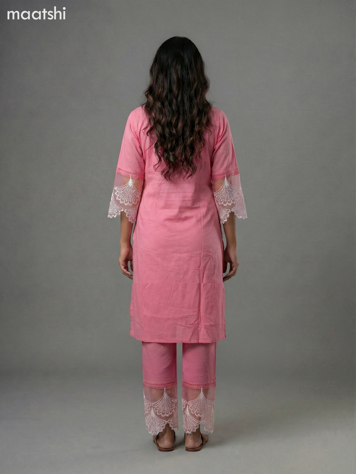 Peach Pink Cotton Hakoba Work Kurti Set Straight Cut Pant