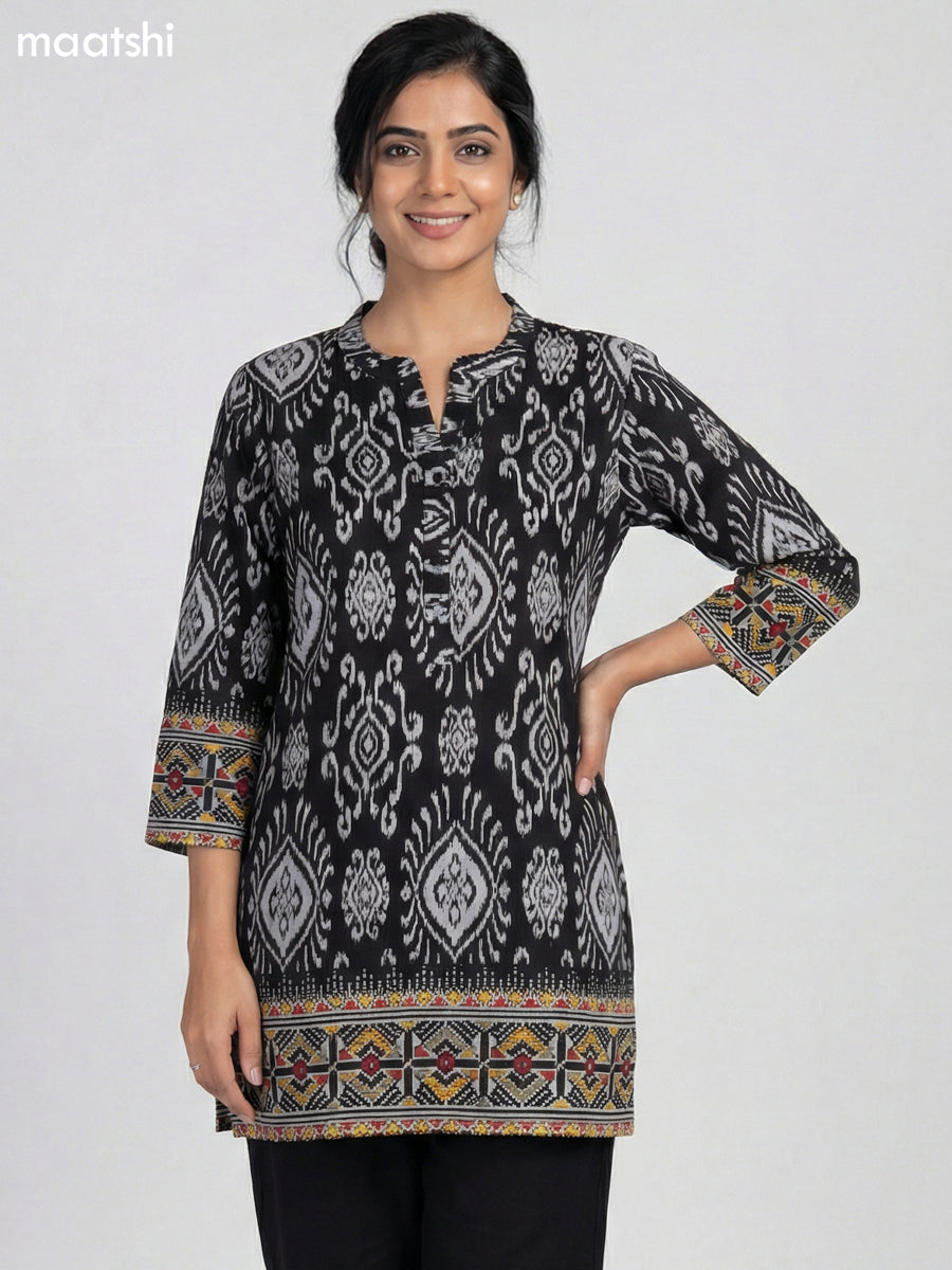 Black and White Rayon Ikat Printed Short Kurti