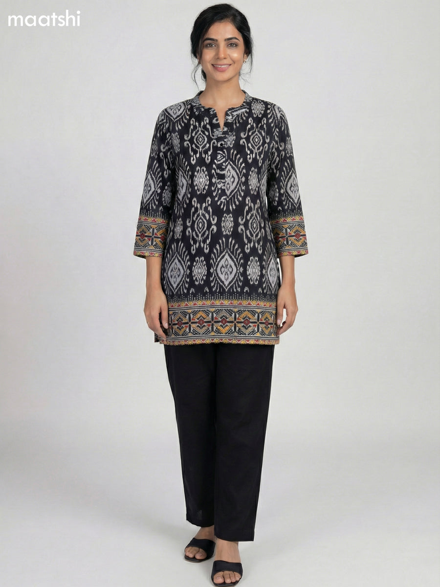 Black and White Rayon Ikat Printed Short Kurti