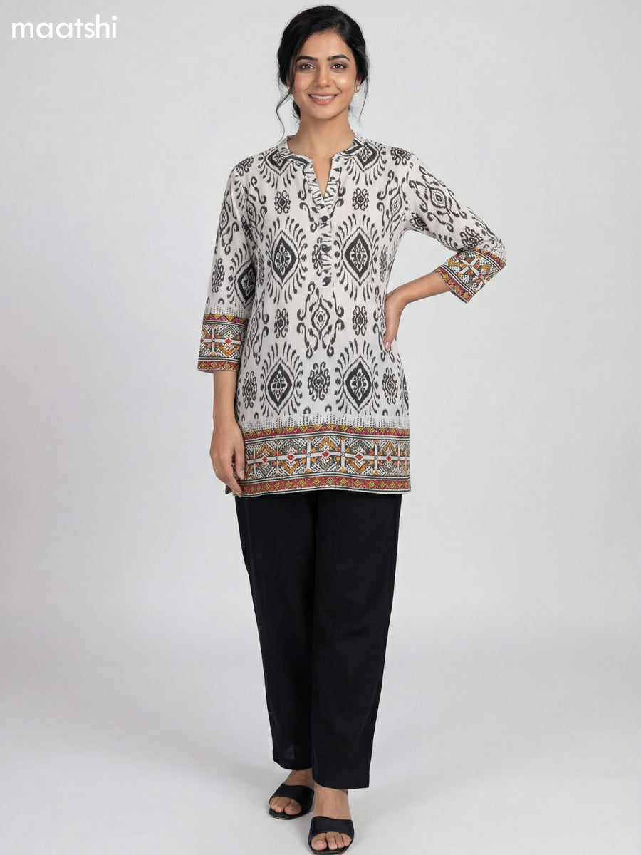 White and Black Rayon Ikat Printed Short Kurti