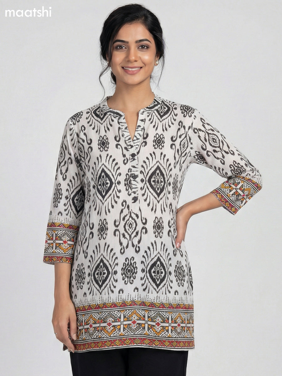 White and Black Rayon Ikat Printed Short Kurti