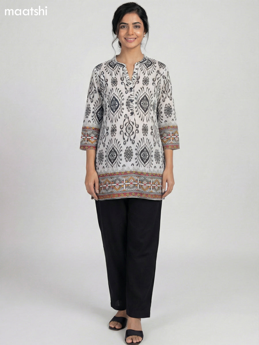 White and Black Rayon Ikat Printed Short Kurti