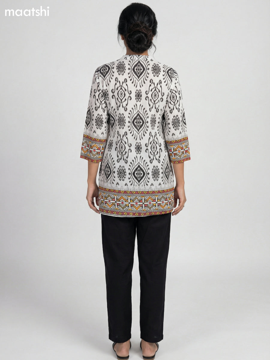 White and Black Rayon Ikat Printed Short Kurti