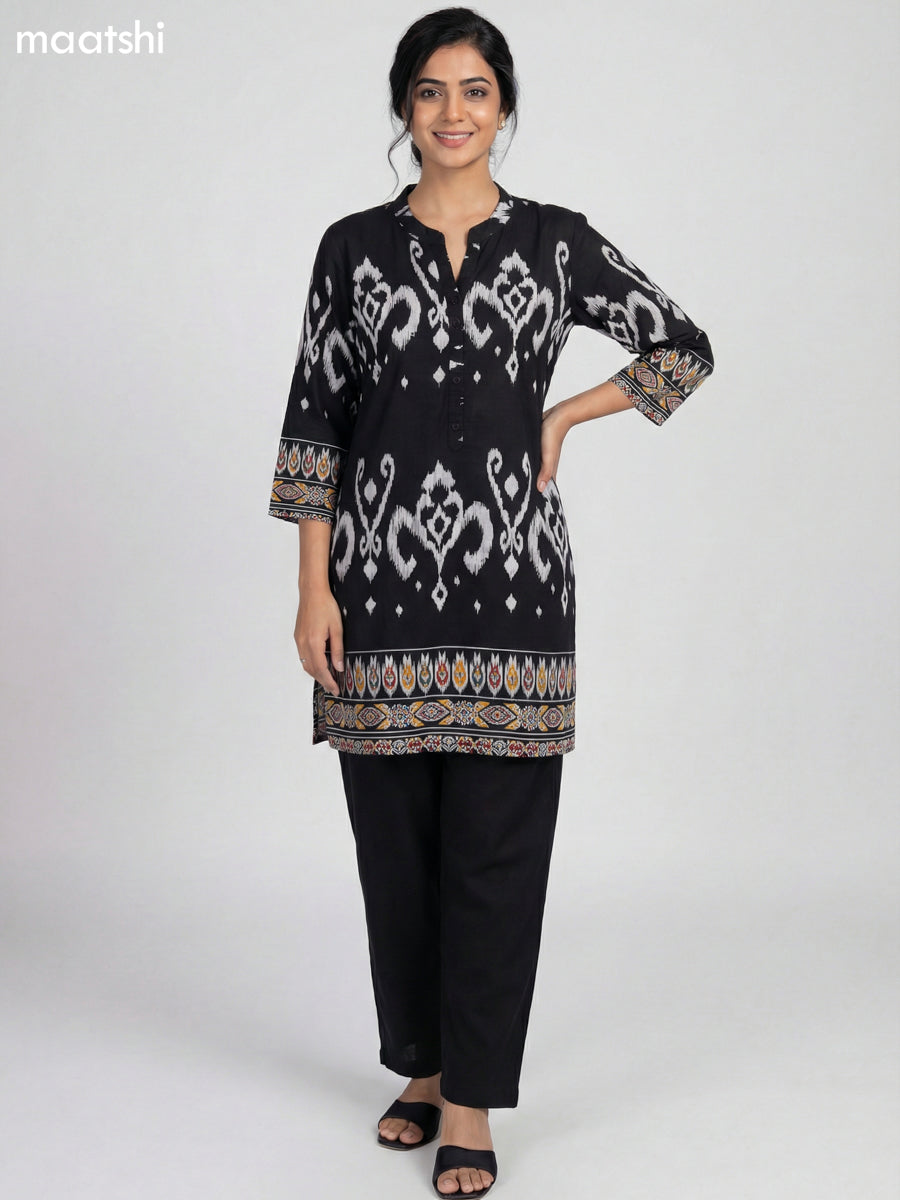 Black and White Rayon Ikat Printed Short Kurti
