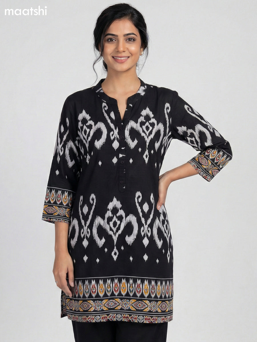 Black and White Rayon Ikat Printed Short Kurti
