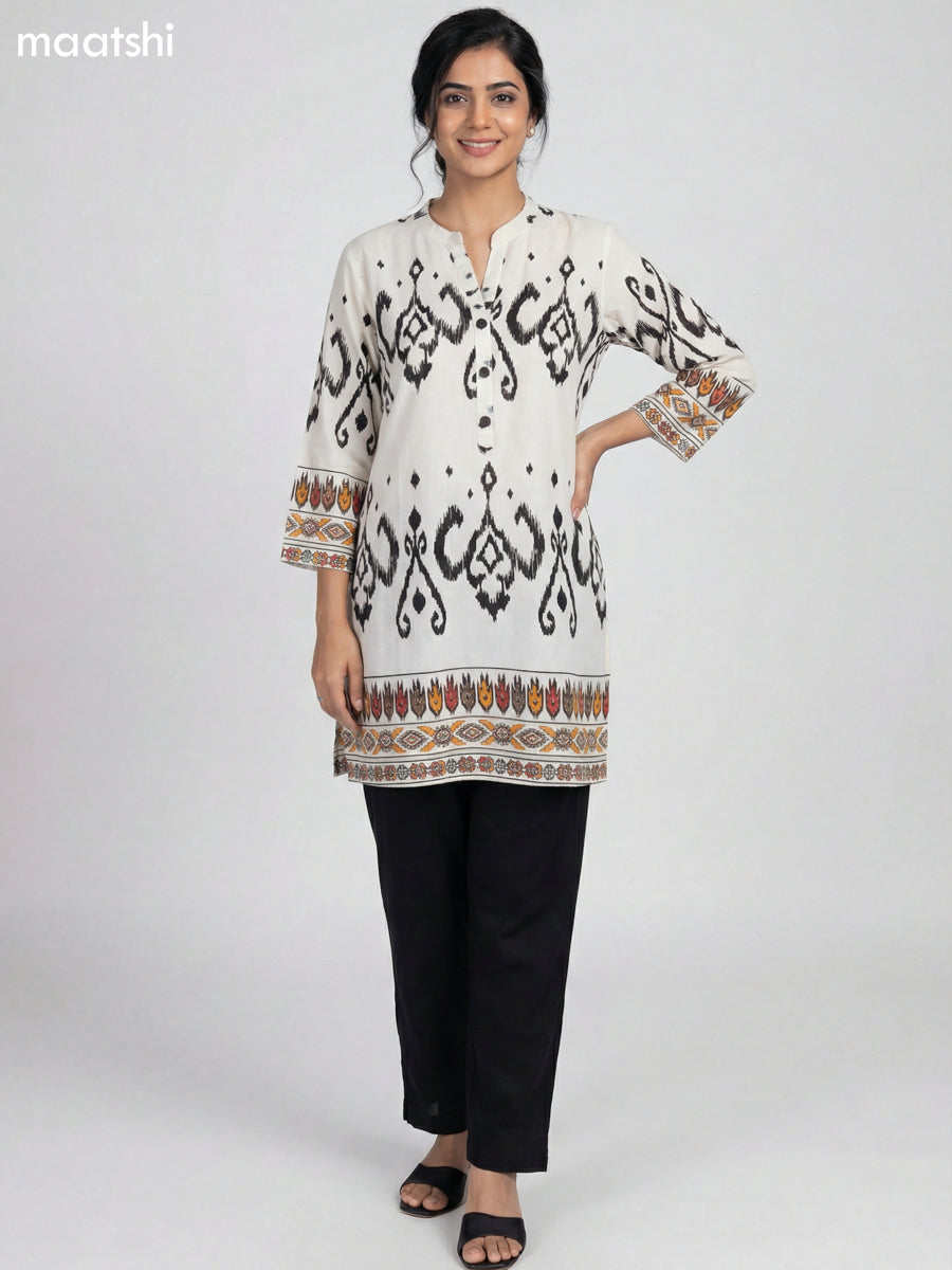 Off White and Black Rayon Ikat Printed Short Kurti
