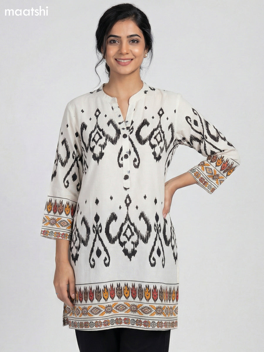 Off White and Black Rayon Ikat Printed Short Kurti