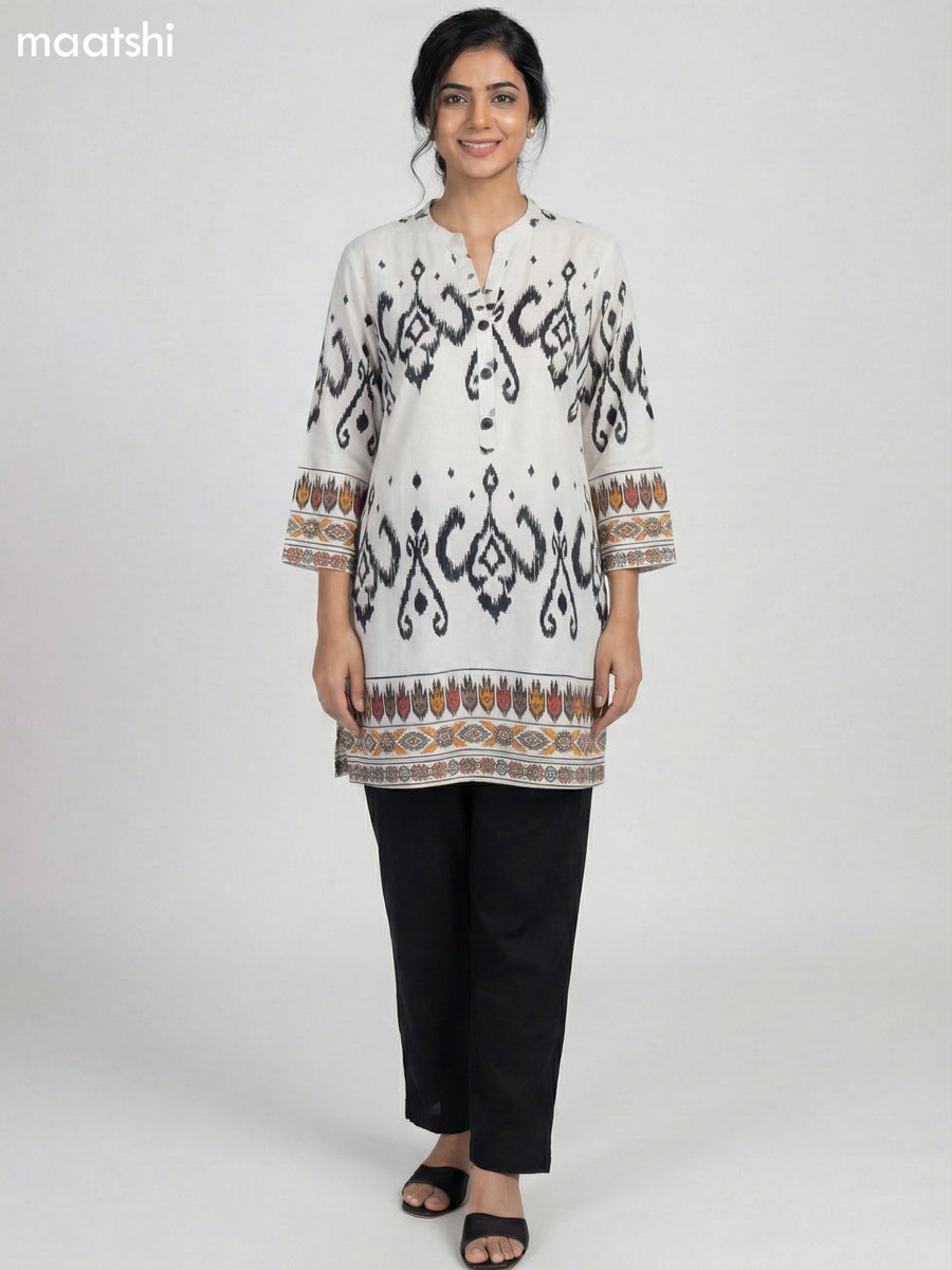 Off White and Black Rayon Ikat Printed Short Kurti