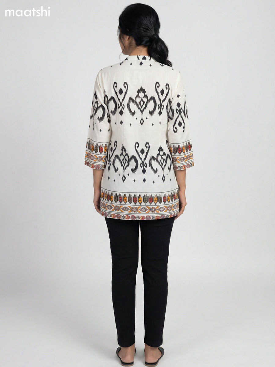 Off White and Black Rayon Ikat Printed Short Kurti