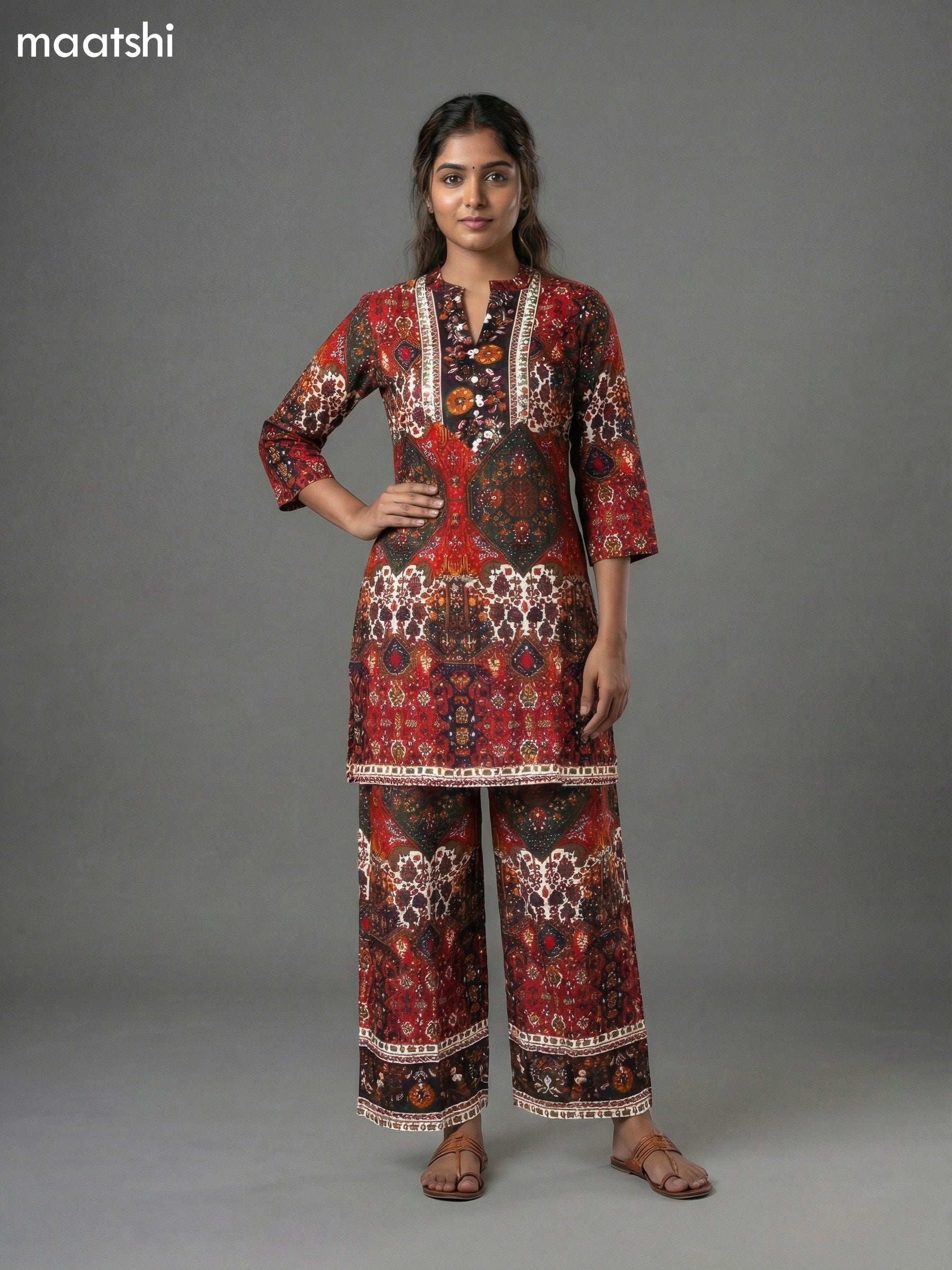 Red Rayon Ikat Printed Co-Ord Set