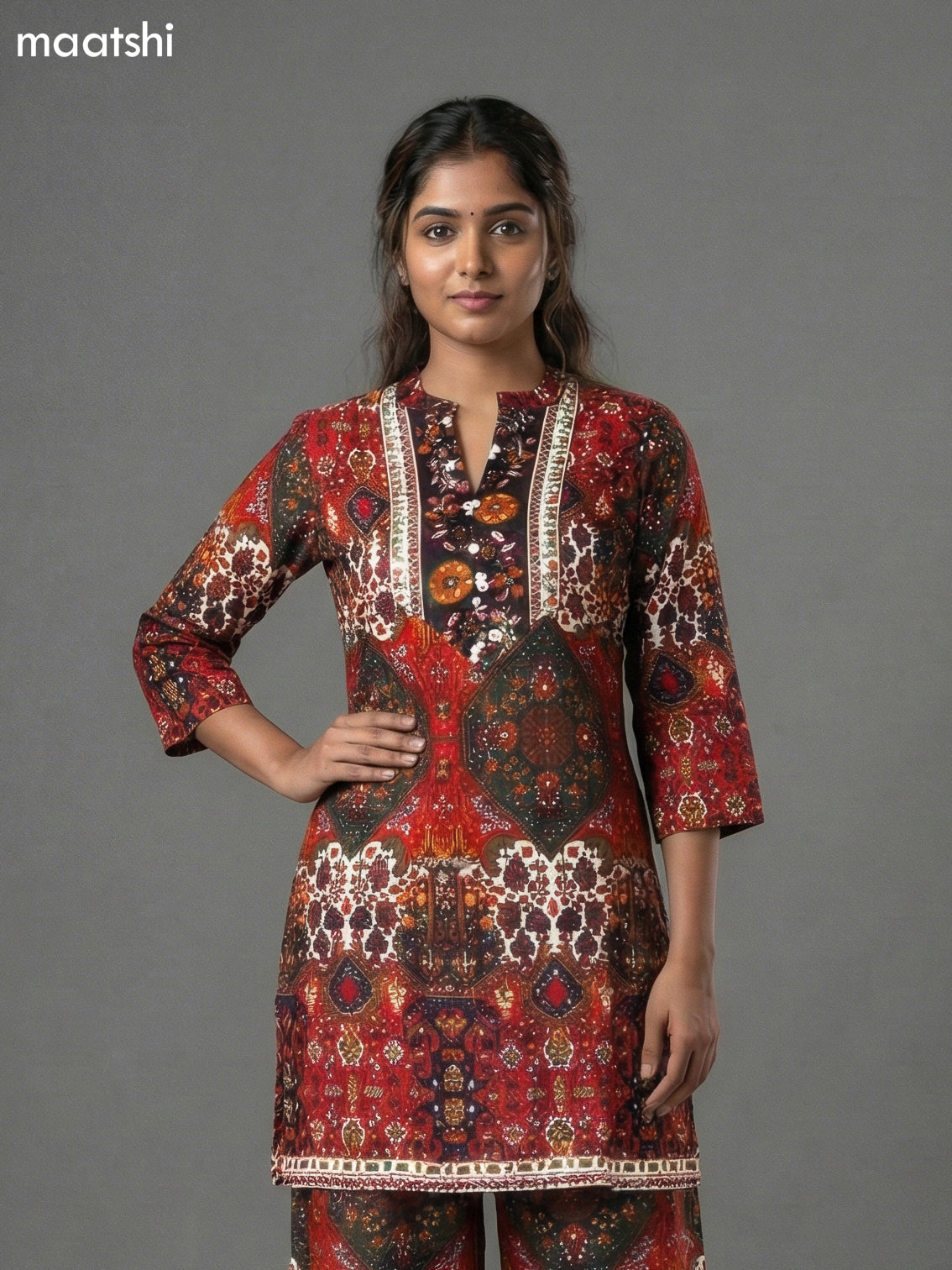 Red Rayon Ikat Printed Co-Ord Set