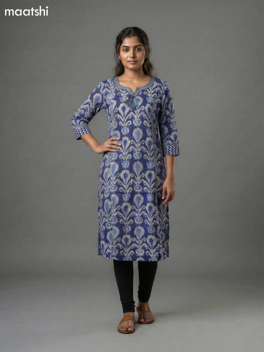 Blue Cotton Ikat Printed Straight Kurti Without Pant