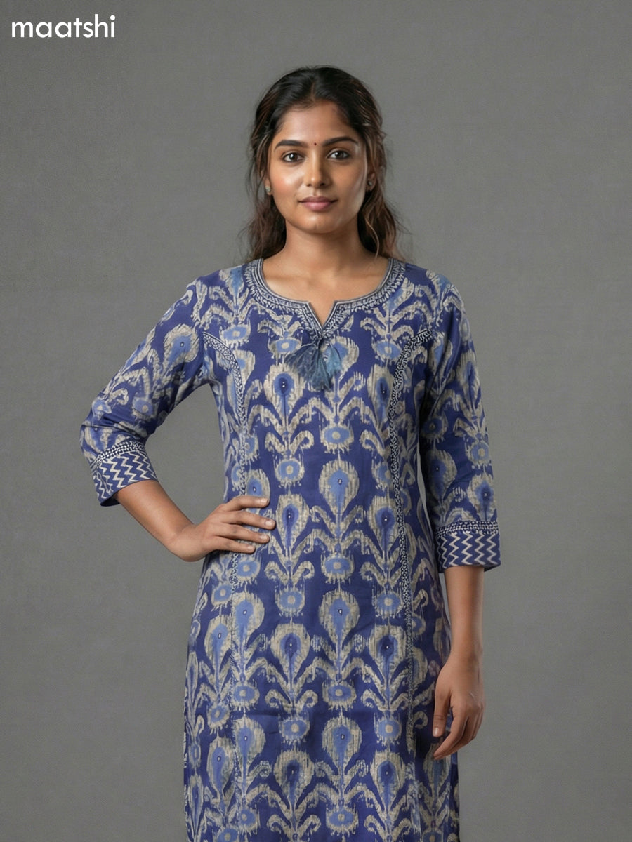 Blue Cotton Ikat Printed Straight Kurti Without Pant