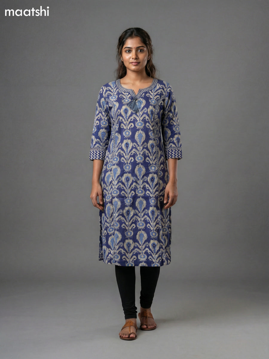 Blue Cotton Ikat Printed Straight Kurti Without Pant