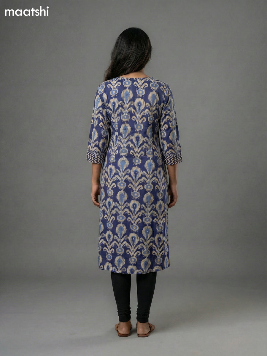 Blue Cotton Ikat Printed Straight Kurti Without Pant
