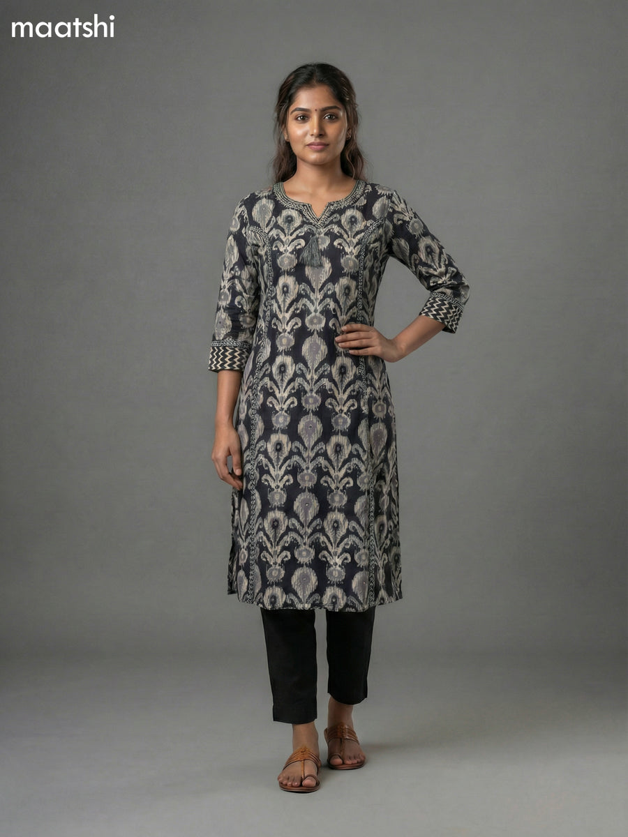 Black Cotton Ikat Printed Straight Kurti Without Pant