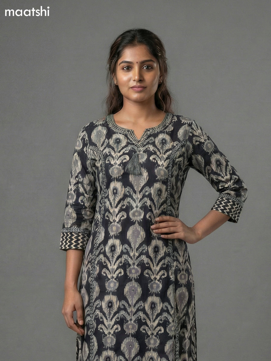 Black Cotton Ikat Printed Straight Kurti Without Pant